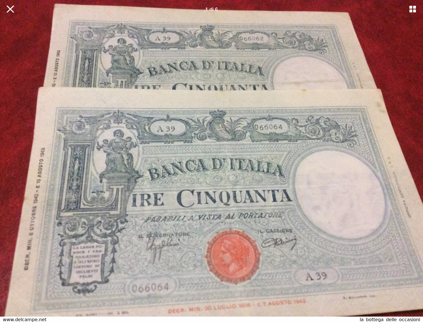 Italia   Repubblica 2 Banconote  Da Lire 50 Splendid SUP Quasi Consecutive - 5.000 Lire