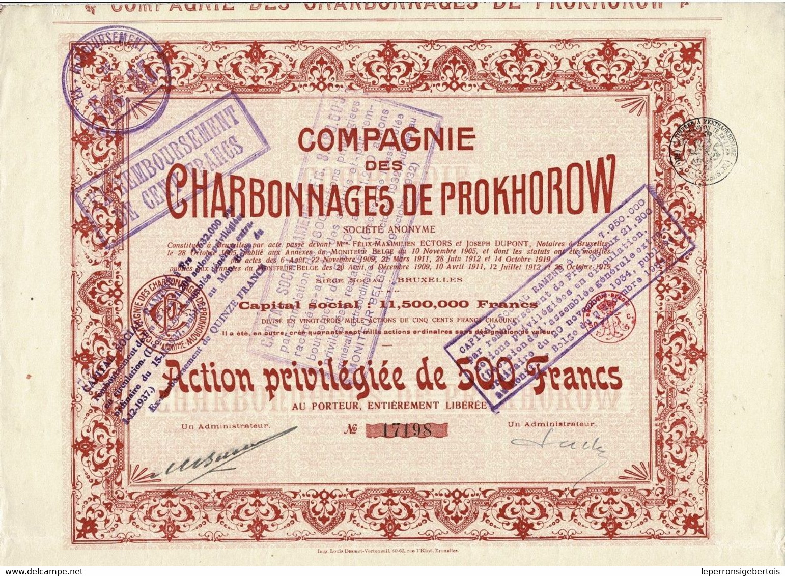 Titre De 1919  - Compagnie Des Charbonnages De Prokhorow - EF - Russia
