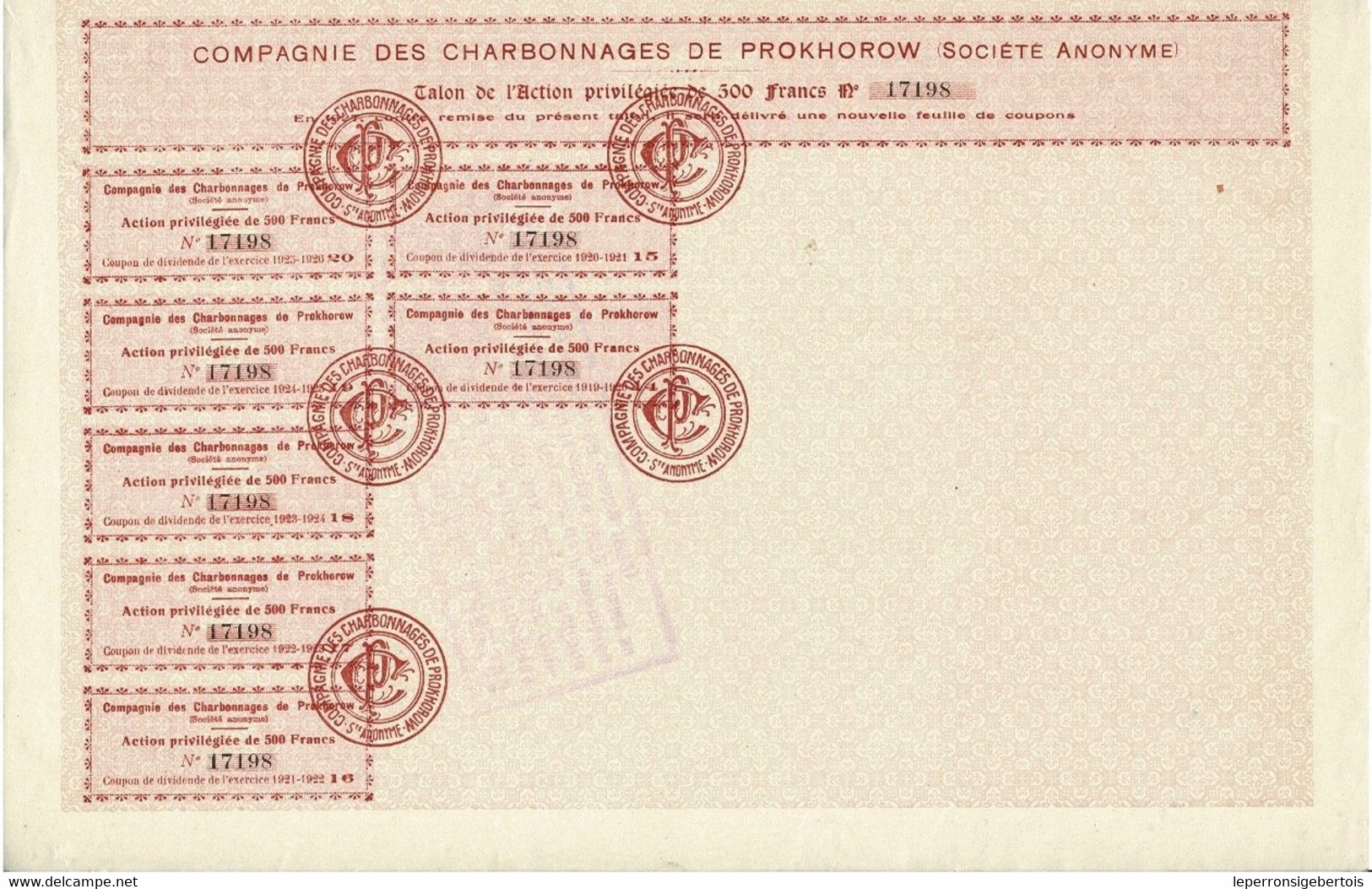 Titre De 1919  - Compagnie Des Charbonnages De Prokhorow - EF - Russland