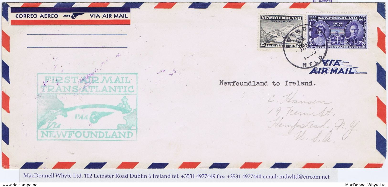 Ireland Airmail Canada 1939 Botwood To Foynes First Flight Cover BOTWOOD NFLD 24 JUN 1939, Flying Boat Cachet - Poste Aérienne