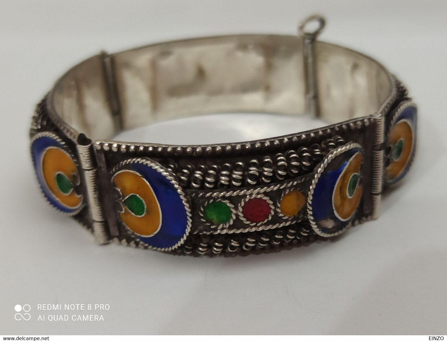 VINTAGE BRACELET BERBERE KABYLE EN ARGANT PUR EMAIL BLEU/VIOLET JAUNE VERT CORAIL - Pulseras