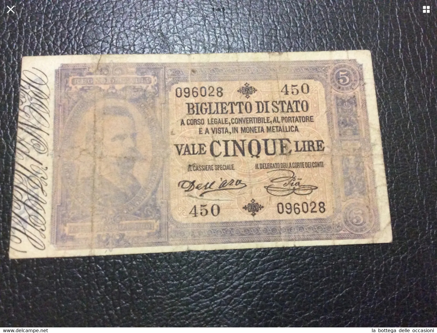 Italia Regno Banconote Da Lire Cinque Umberto I Dell’ara Pia 6 Agosto 1884 R4 Ottima Conservazione - Italië– 5 Lire