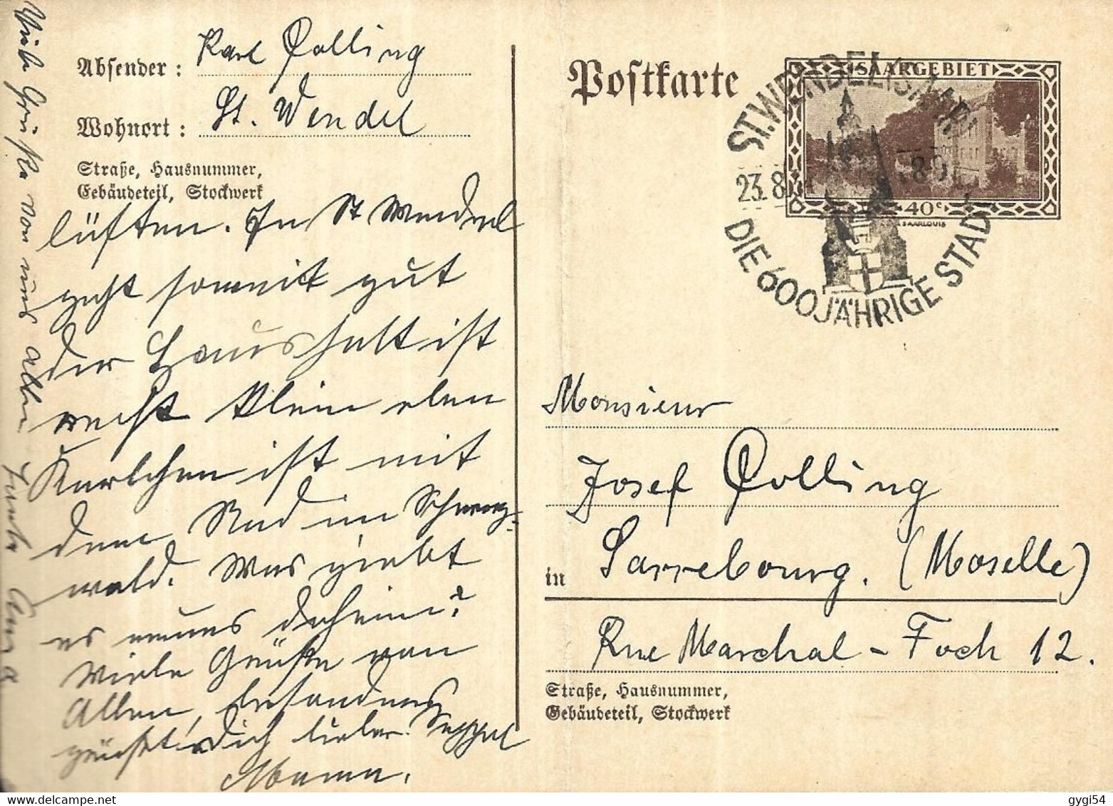 SARRE   Entier Postal 22 08 1934 SUR   Carte DE ST Wendel Pour Sarrebourg - Postal Stationery