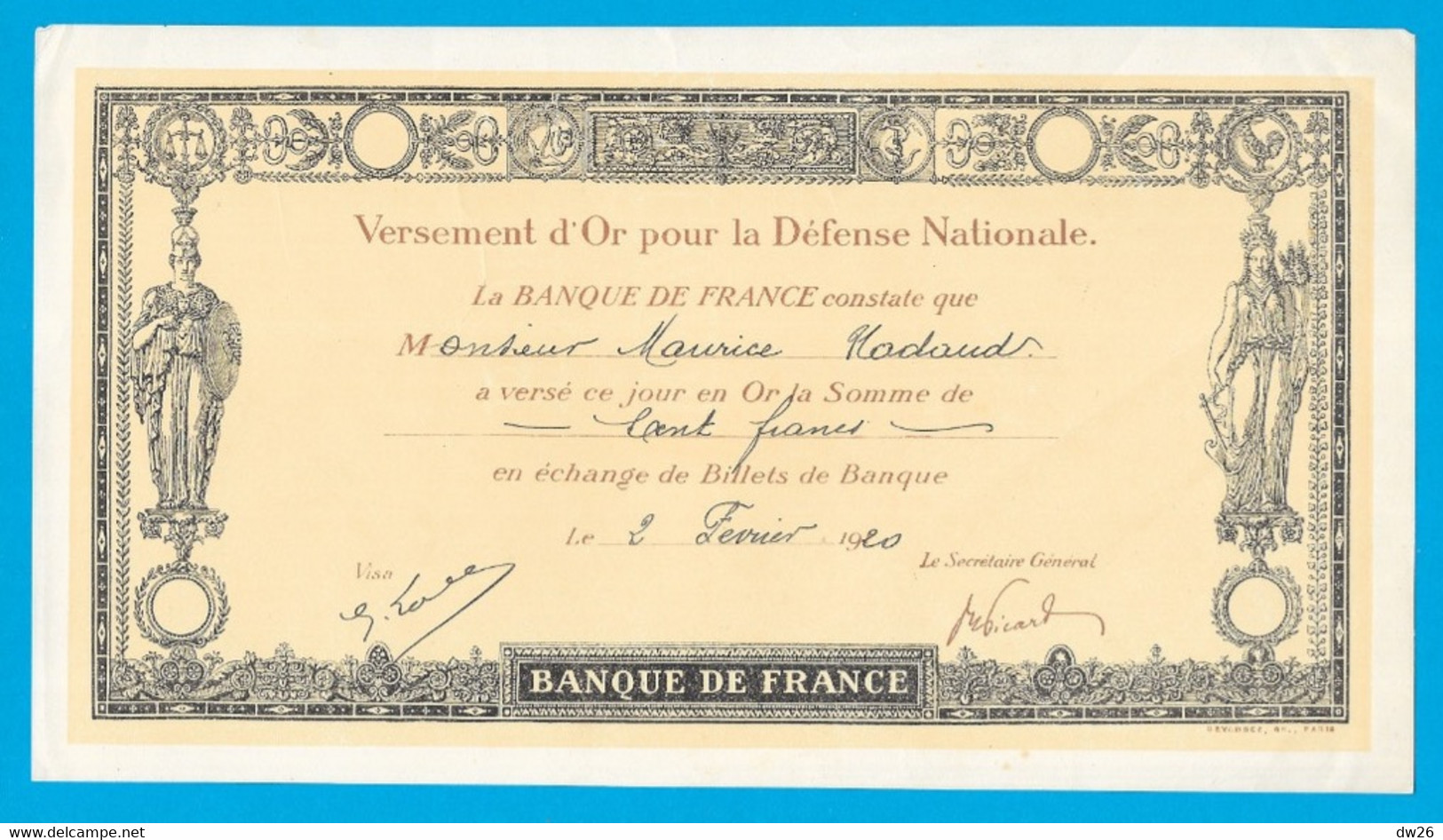 Reçu Banque De France 1920: Versement D'Or Pour La Défense Nationale En échange De Billets - Bonos