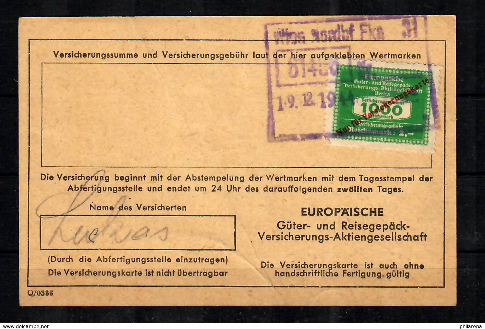 Reisegepäck-Versicherung 1944 Mit Versicherungssteuer Marke 1000 - Other & Unclassified