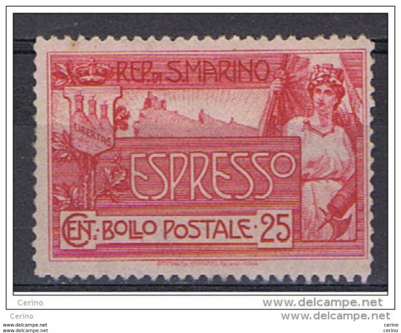 SAN  MARINO:  1907  ESPRESSO  ALLEGORIA  -  25 C. ROSA  CARMINIO  N. -  SASS. 1 - Eilpost