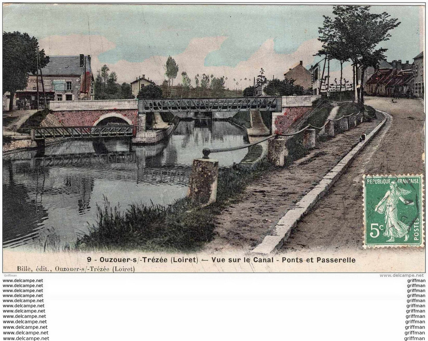 OUZOUER SUR TREZEE VUE SUR LE CANAL PONTS ET PASSERELLE 1908 CPA COLORISEE GLACEE TBE - Ouzouer Sur Loire