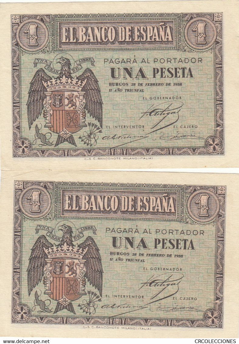 CRBP0001 PAREJA CORRELATIVA BILLETES ESPAÑA 1 PESETA 1938 SC- 45 - 1-2 Pesetas
