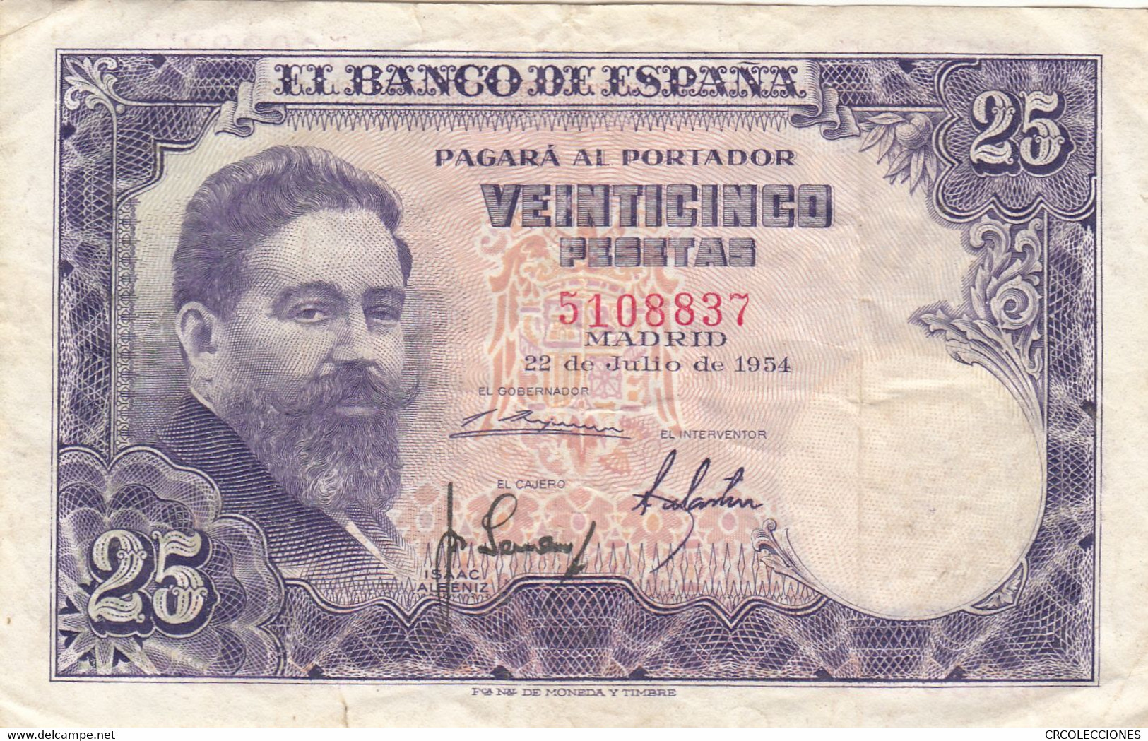 CRBS0437 BILLETE ESPAÑA 25 PESETAS 1954 SIN SERIE MBC- 25 - 25 Peseten