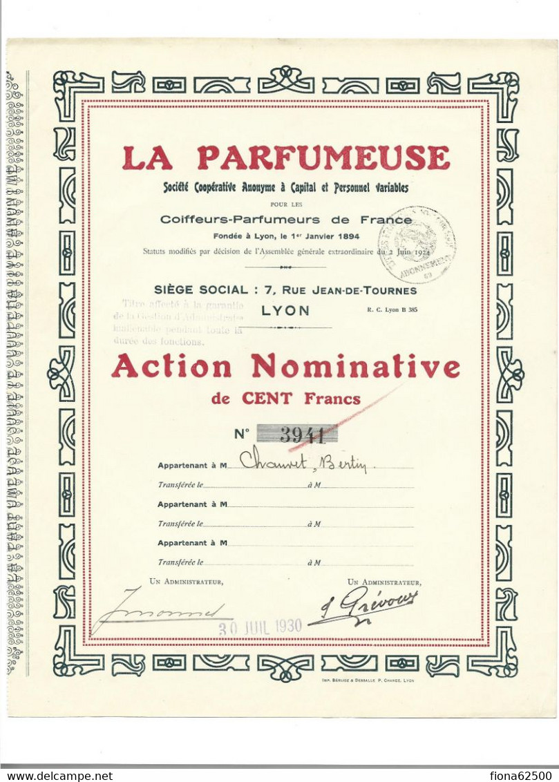 LA PARFUMEUSE . ACTION NOMINATIVE DE CENT FRANCS . - Parfums & Beauté