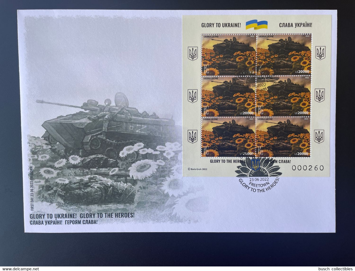 Sierra Leone 2022 Mi. ? FDC PERF Ukraine War Russian Invasion Sunflowers Tank Char Boris Groh Sheetlet - Ukraine