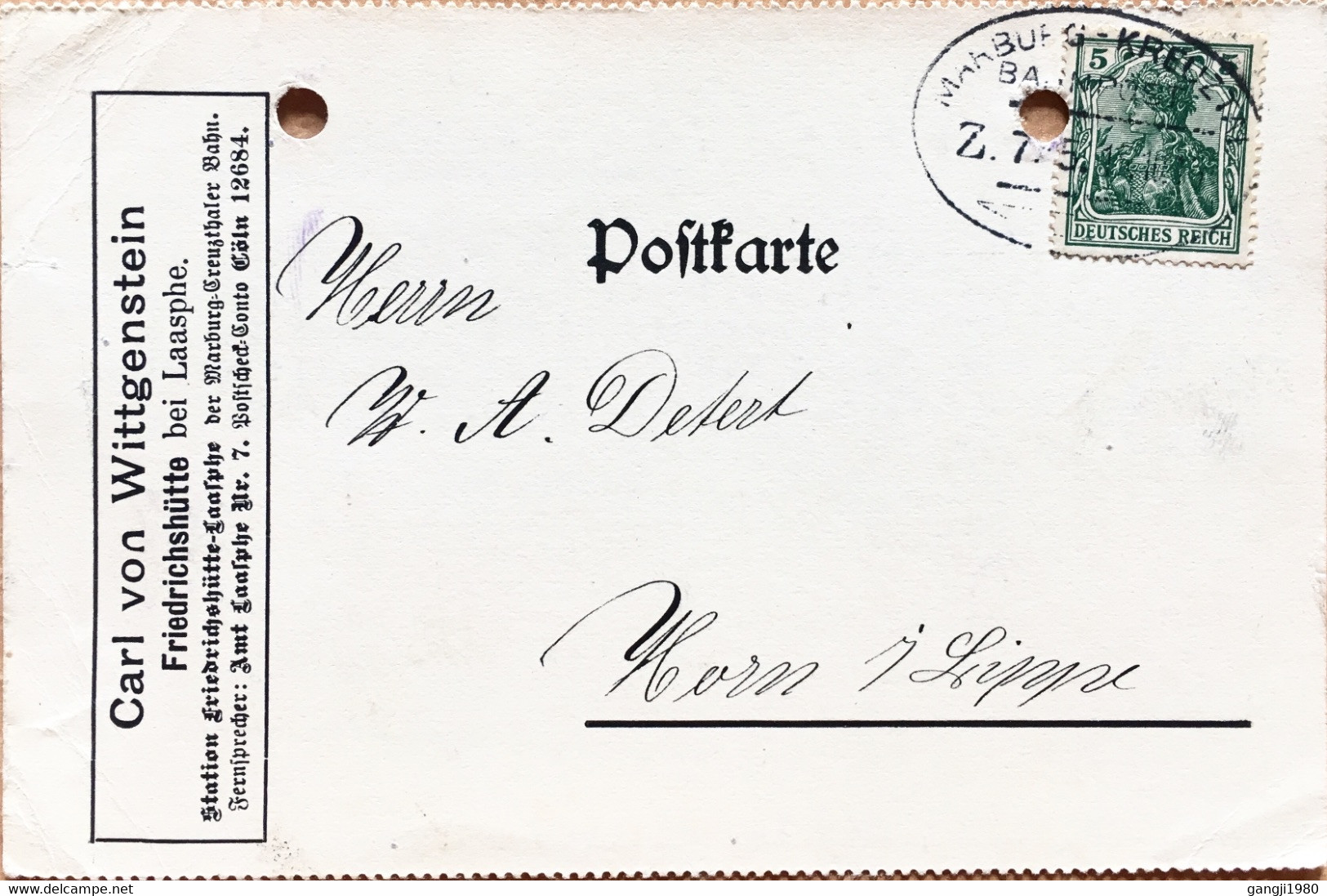 GERMANY 1915, ADVT. CARL VON WITTGENSTEIN, MARBURG - KREUZTAL BAHNPOST. - Private Postcards - Used