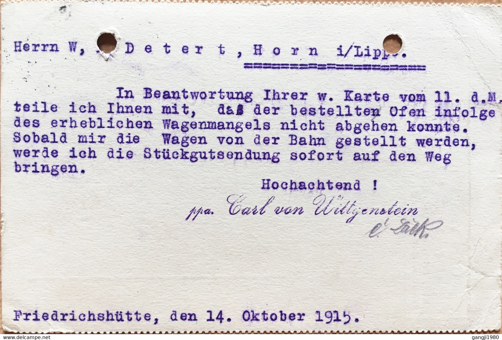 GERMANY 1915, ADVT. CARL VON WITTGENSTEIN, MARBURG - KREUZTAL BAHNPOST. - Privé Postkaarten - Gebruikt