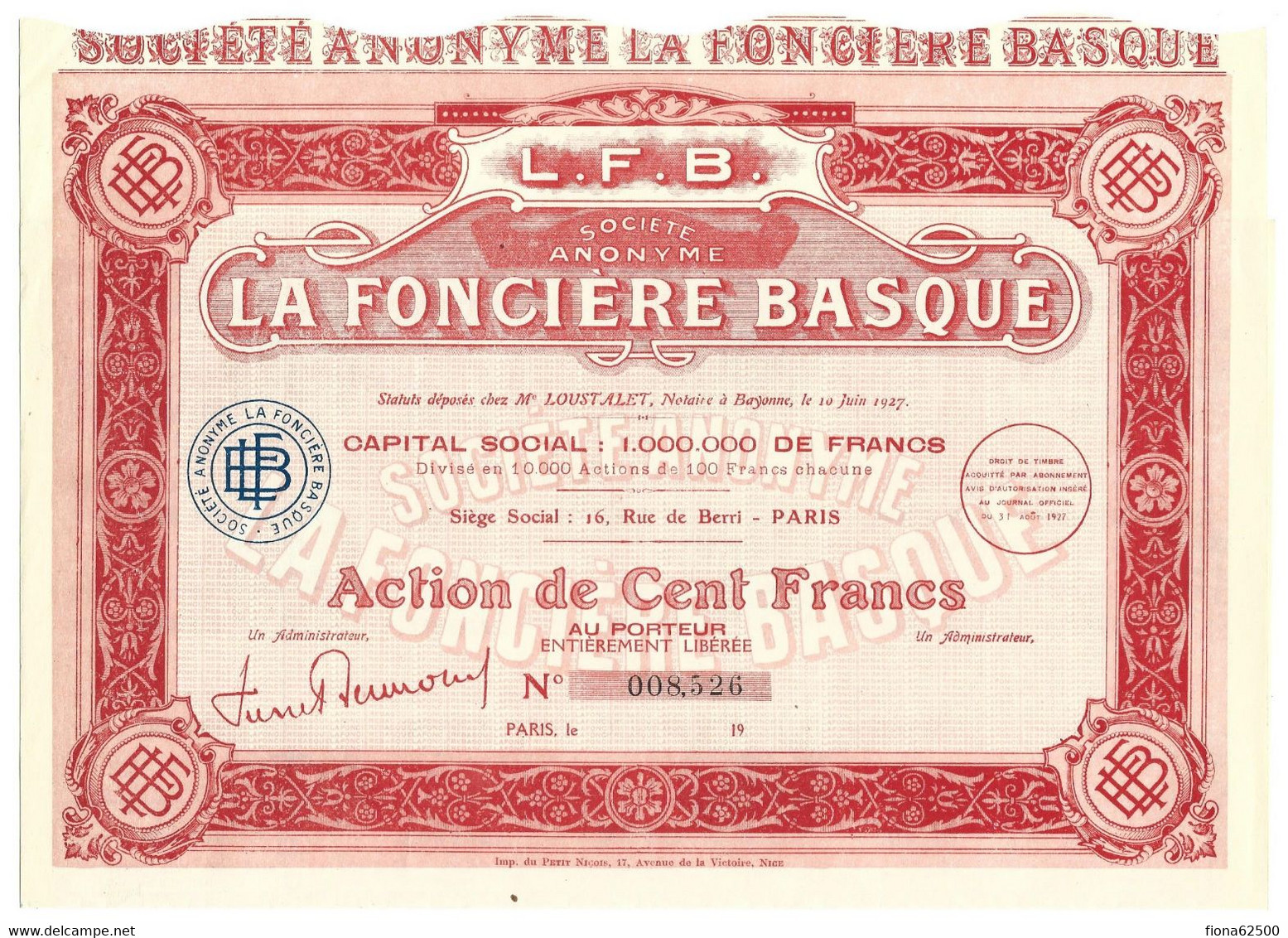 LA FONCIERE BASQUE . ACTION DE CENT FRANCS AU PORTEUR . - Bank & Insurance