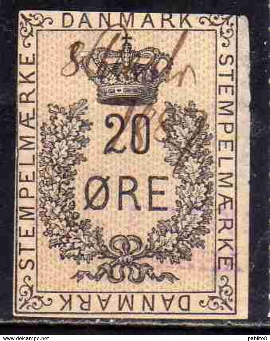 DANEMARK DANMARK DENMARK DANIMARCA 1887 IMPERF.  STEMPELMARKE DOCUMENTARY STAMP 20o USED USATO OBLITERE' - Servizio