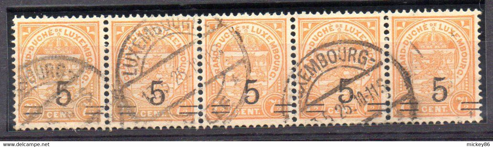 Luxembourg--1925-- 7 1/2  écusson Surchargé 5 --bande De 5 Timbres- Cachet "LUXEMBOURG-VILLE "..17-5-25..à Saisir - 1859-1880 Coat Of Arms