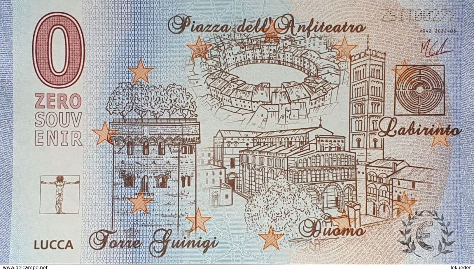 BILLETE Zero Souvenir 0 € ITA: V042 - LUCCA - Piazza Dell'Anfiteatro, Duomo, Laberinto, Torre Guinigi - 2022-08 - Other & Unclassified