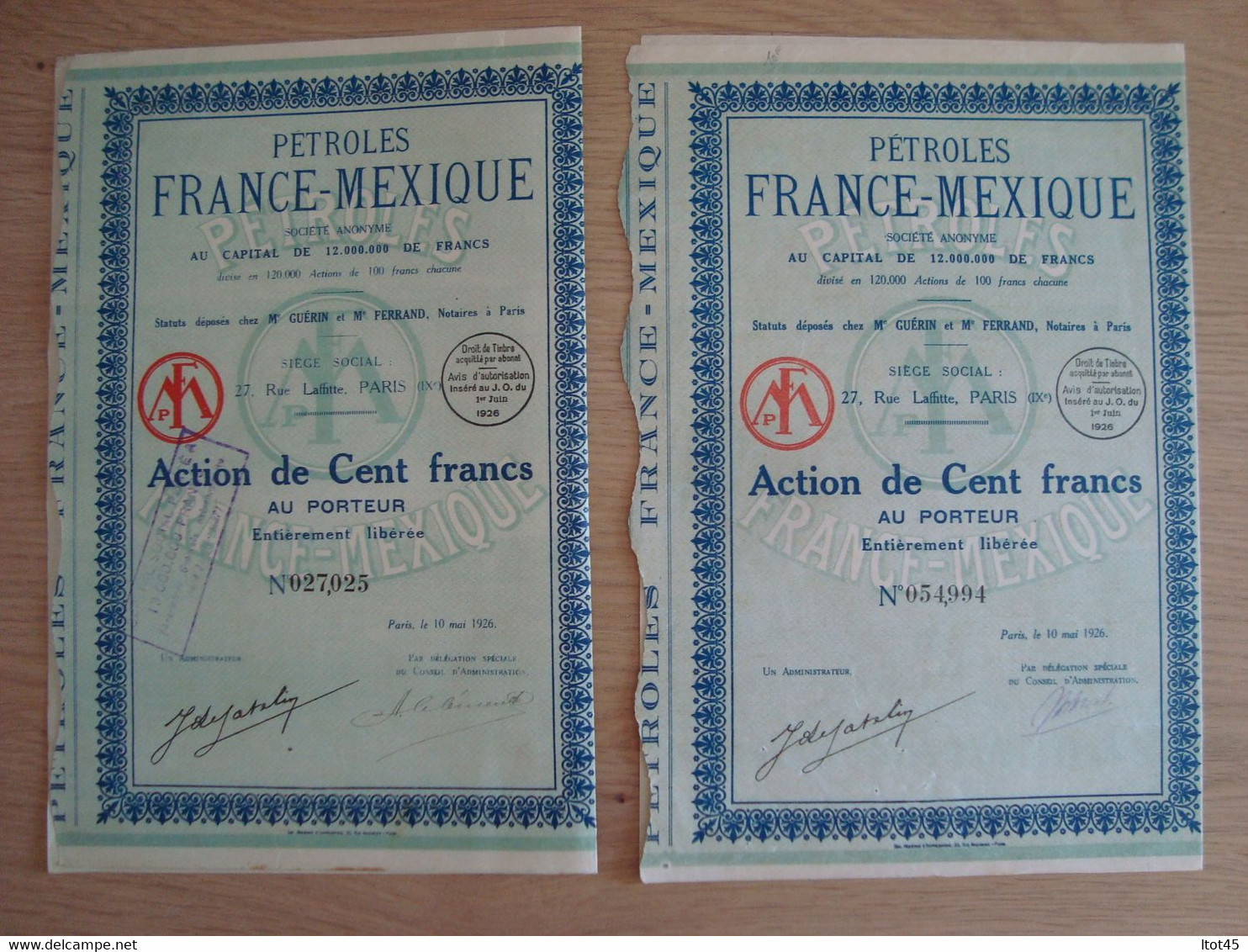 LOT DE 2 ACTION DE 100 FRANCS PETROLES FRANCE-MEXIQUE - Pétrole