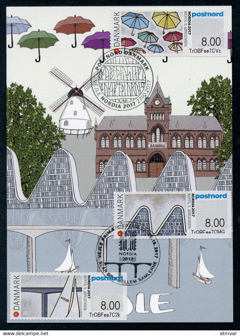 DENMARK (2017) - Carte Maximum Card ATMs NORDIA 2017 - Vejle Fjord Bridge, Umbrellas, Bølgen - Cartoline Maximum