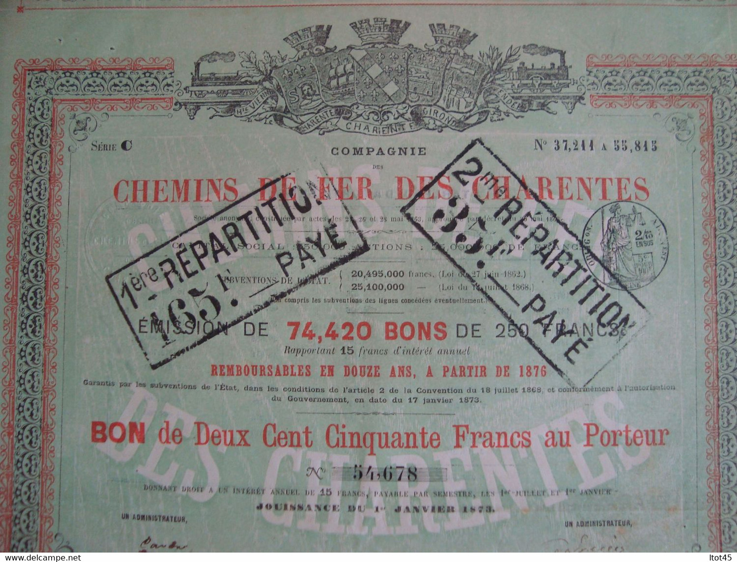 ACTION DE 250 FRANCS CHEMINS DE FER DES CHARENTES - Chemin De Fer & Tramway