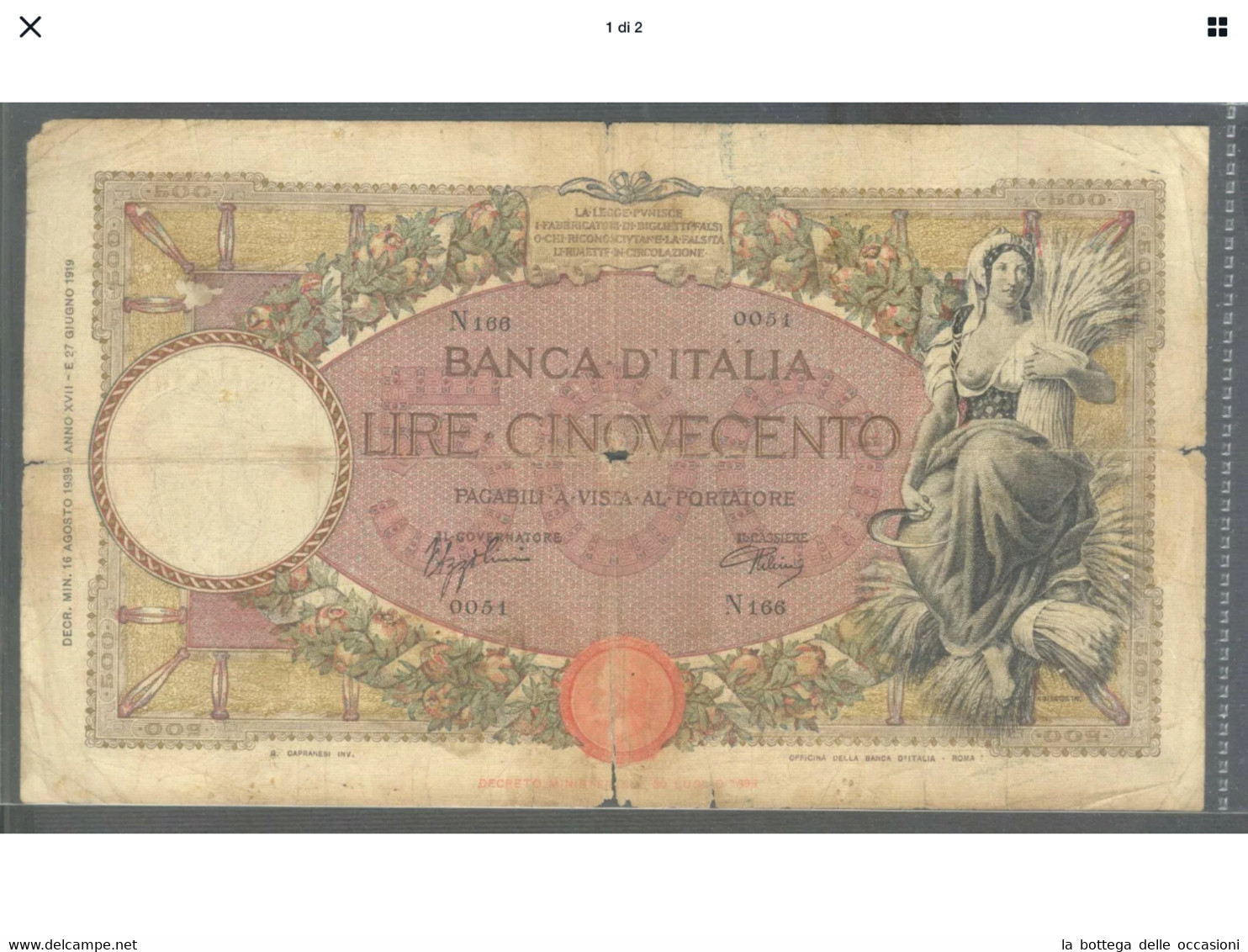 Italia Regno Banconota Da 500 Lire Vittorio Emanuele III Decreto 16 Agosto 1939 Rara Ottima Considerazione - 500 Liras