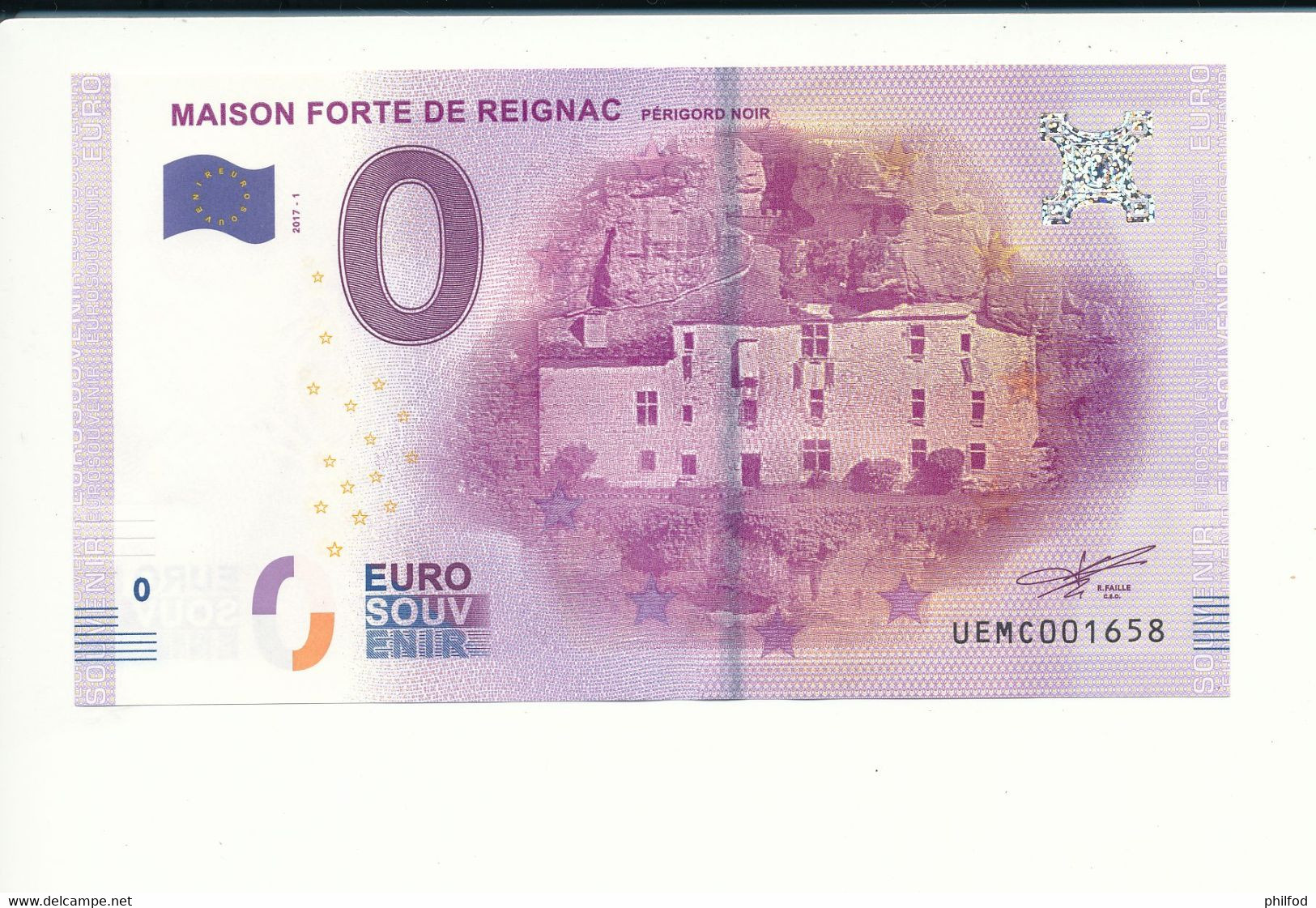 Billet Souvenir - 0 Euro - UEMC - 2017-1 - MAISON FORTE DE REIGNAC -  N° 1658 - Vrac - Billets