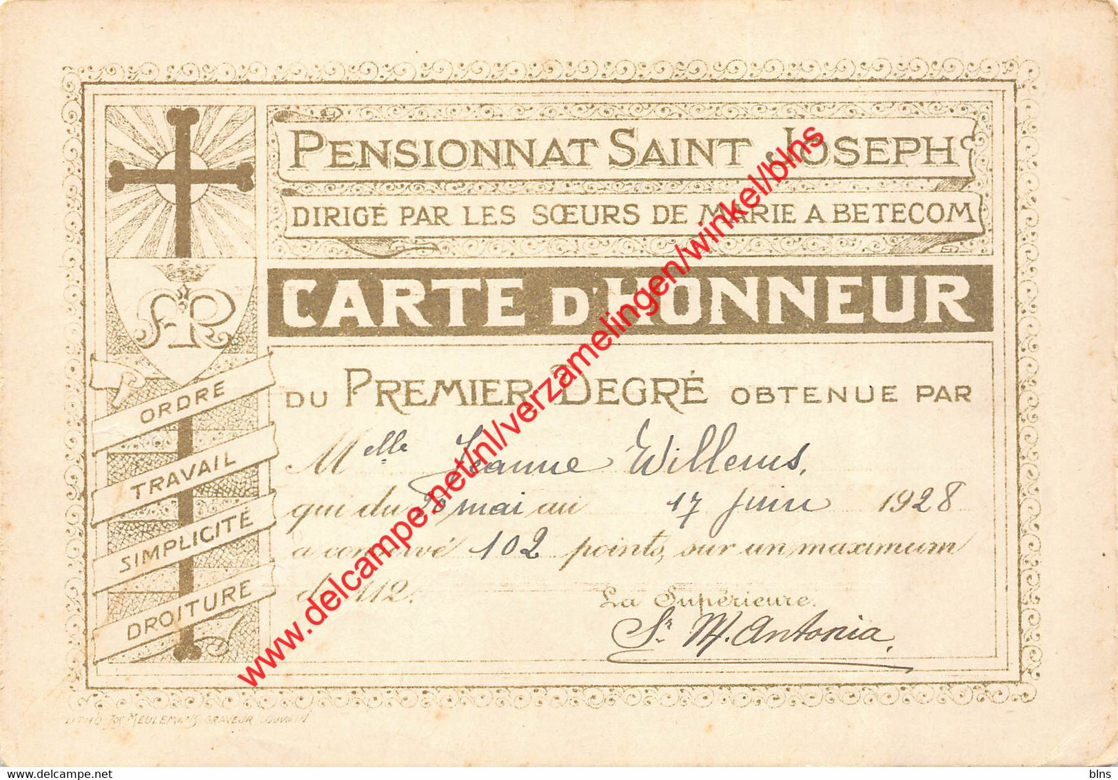 Pensionnat Saint Joseph - Carte D'Honneur - Betekom Begijnendijk - Begijnendijk