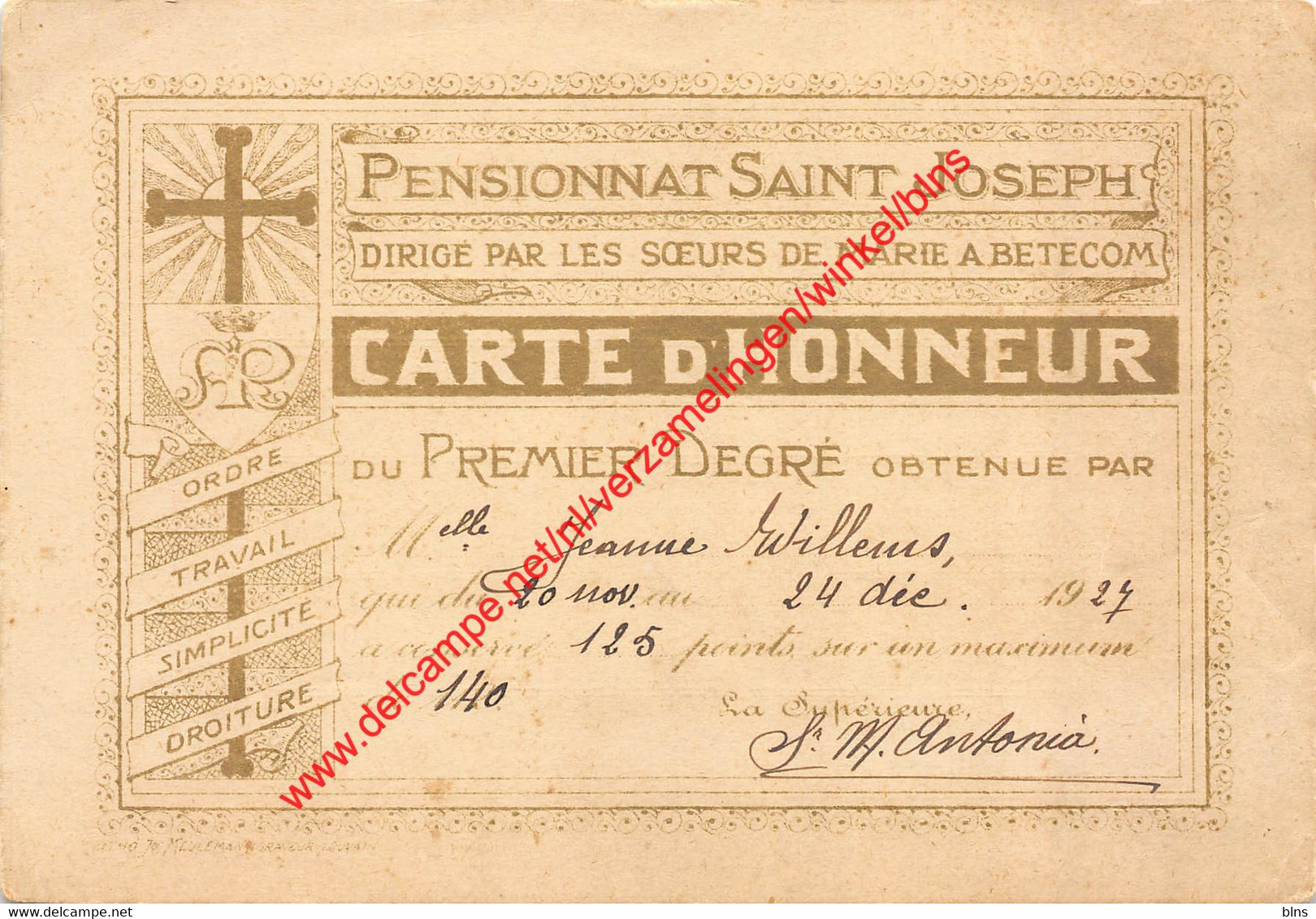 Pensionnat Saint Joseph - Carte D'Honneur - Betekom Begijnendijk - Begijnendijk