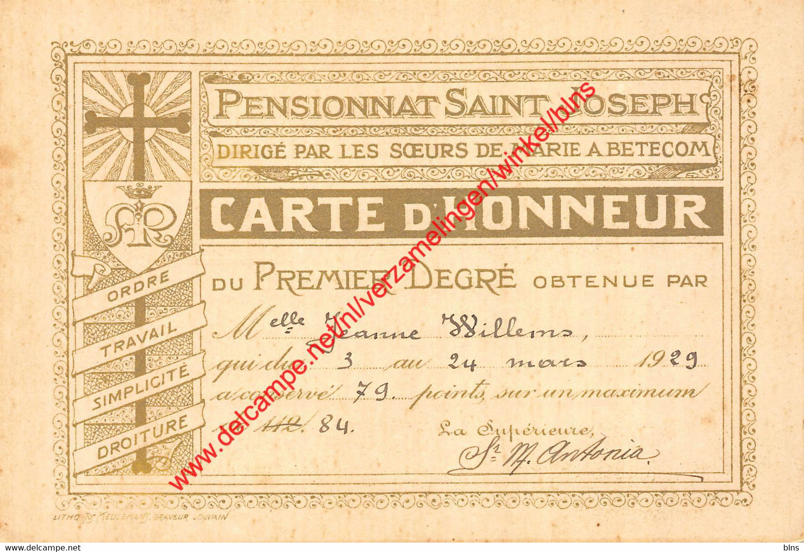 Pensionnat Saint Joseph - Carte D'Honneur - Betekom Begijnendijk - Begijnendijk