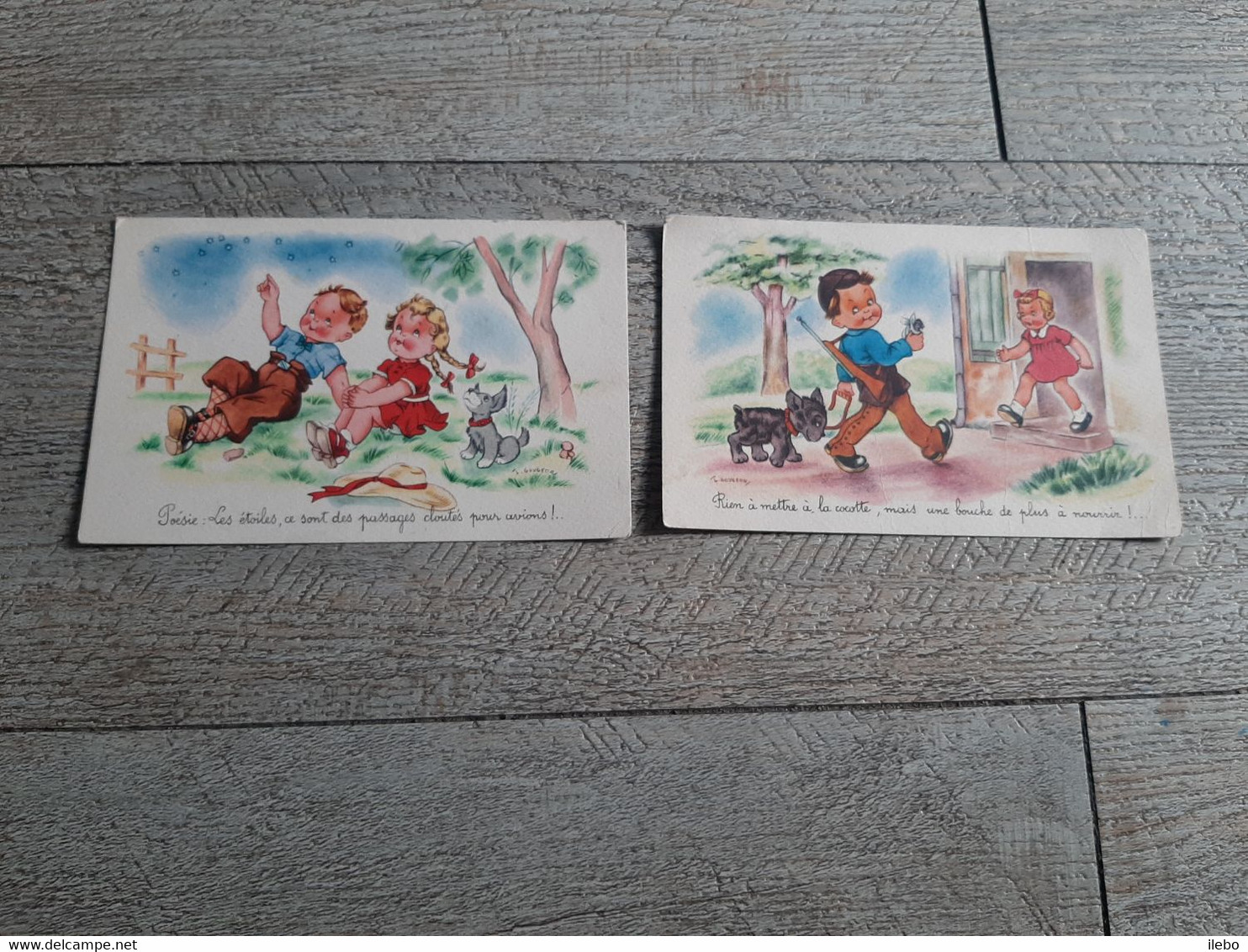 Lot 2 Cartes Anciennes Illustrateur Gougeon Enfants Poèsie Les étoiles Sont Des Passages Cloutés Pour Avions Humour - Gougeon