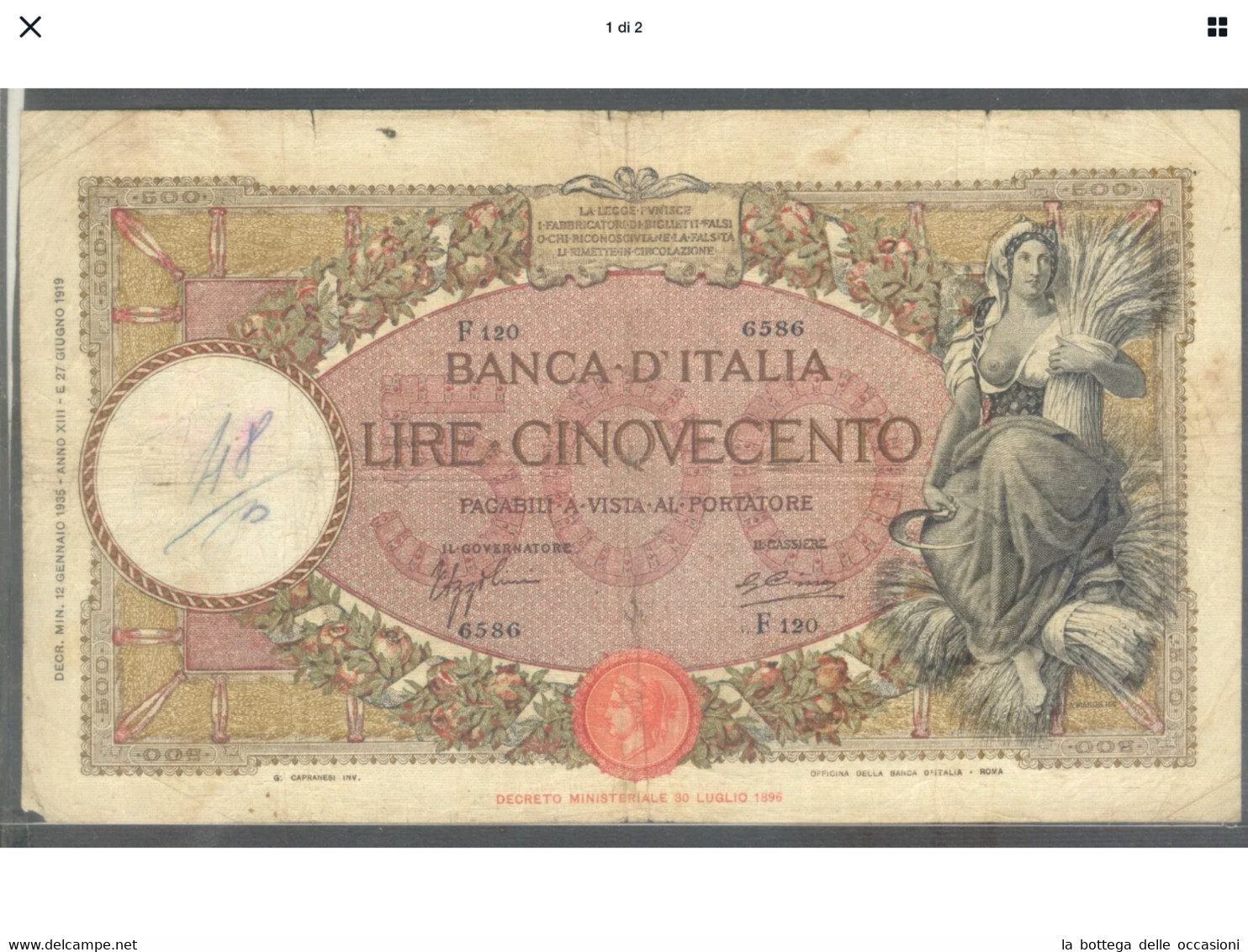 Italia Regno Banconota Da 500 Lire Vittorio Emanuele III Decreto 12  Gennaio 1935  Rara Ottima Considerazione - 500 Lire