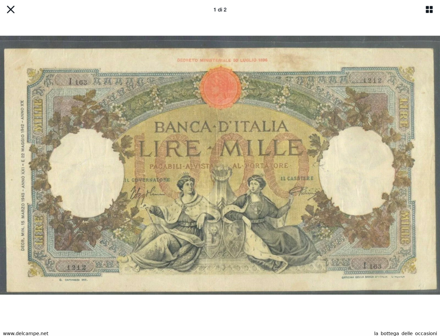 Italia Regno Banconota Da 1000  Lire Vittorio Emanuele III Decreto  15 Marzo 1943   Rara Ottima Considerazione - 1000 Liras