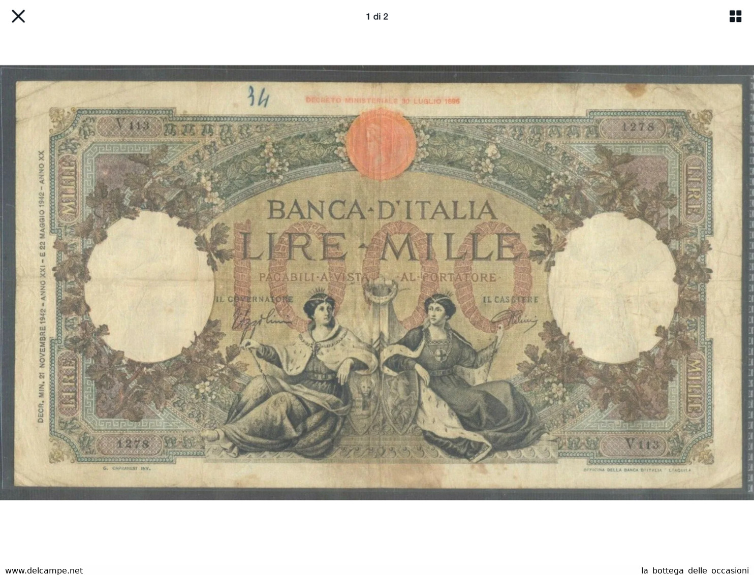 Italia Regno Banconota Da 1000  Lire Vittorio Emanuele III Decreto  21/11/1942 Rara Ottima Conservazione - 1.000 Lire