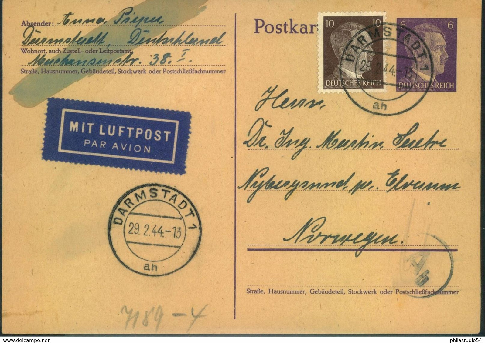 1944, Luftpostkarte Ab DARMDTSDT Nach Norwegen Mit Chemischer Zenszr - Luchtpost & Zeppelin