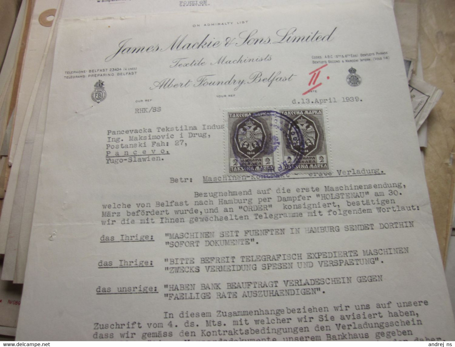 James Mackie Sons Limited Textile Machinists Albert Foundry Belfast 1939  Tax Stamps - Royaume-Uni