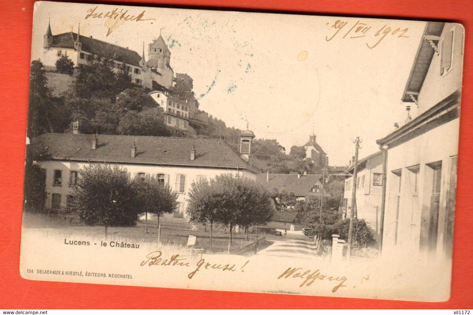 KCE-11 Lucens Vieux Quartier Sous Le Château  Delachaux-Niestlé. Dos Simple. Cachet Lucens Et St-Petersbourg Russie 1902 - Lucens