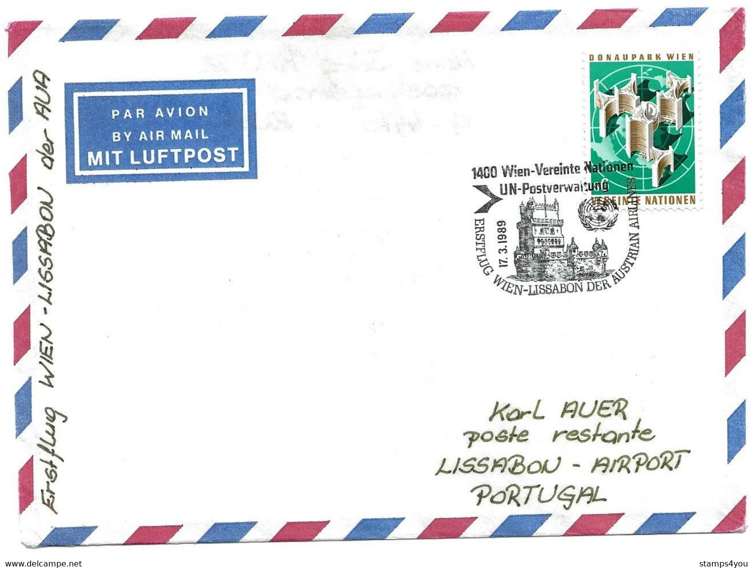 248 - 94 - Enveloppe 1er Vol AUA Wien-Lissabon 1989 - Brieven En Documenten