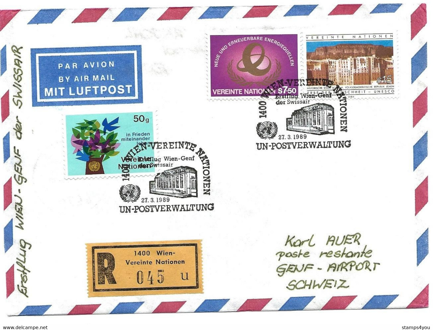 248 - 95 - Enveloppe Recommandée 1er Vol Swissair Wien-Genève 1989 - Storia Postale