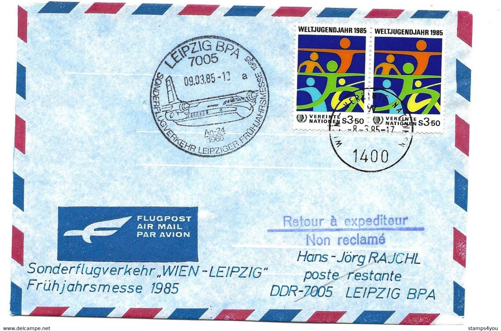 248 - 96 - Enveloppe Vol Spécial Wien-Leipzig Frühjahrsmesse 1985 - Briefe U. Dokumente