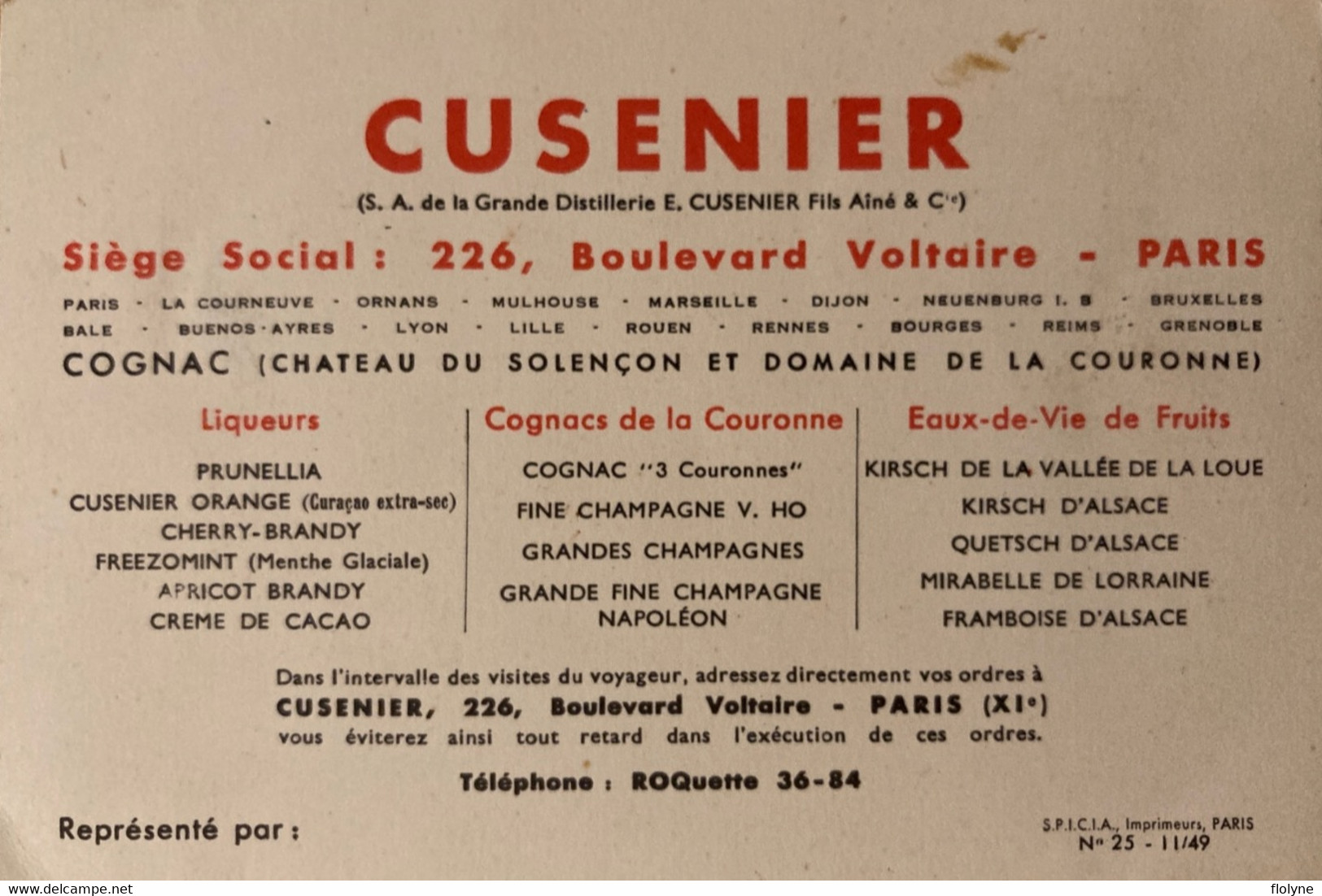 CUSENIER - Doc Publicitaire Pub Société Distillerie Paris 226 Boulevard Voltaire - Alcool Vin Cognac - - Advertising