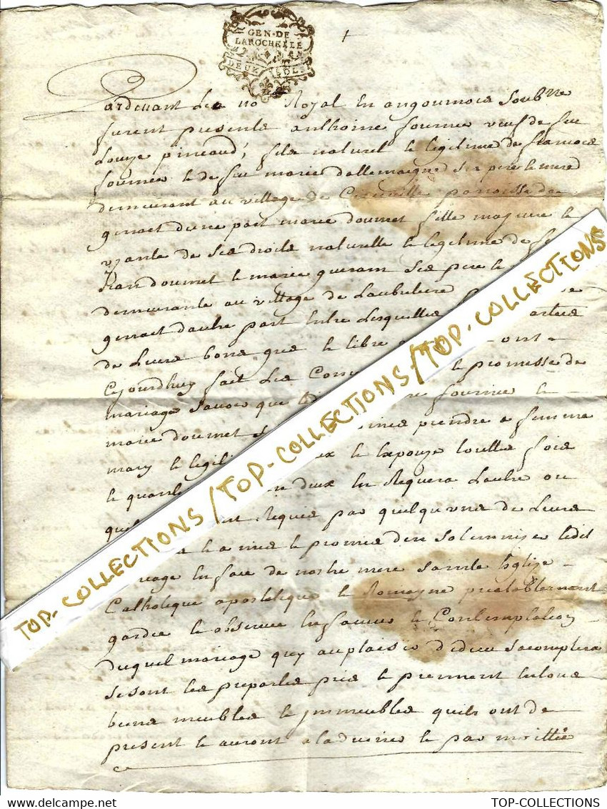 1738 CACHET GENERALITE LAROCHELLE SUR ACTE Notarié Promesse De Mariage TRES RARE V.SCANS - Documentos Históricos