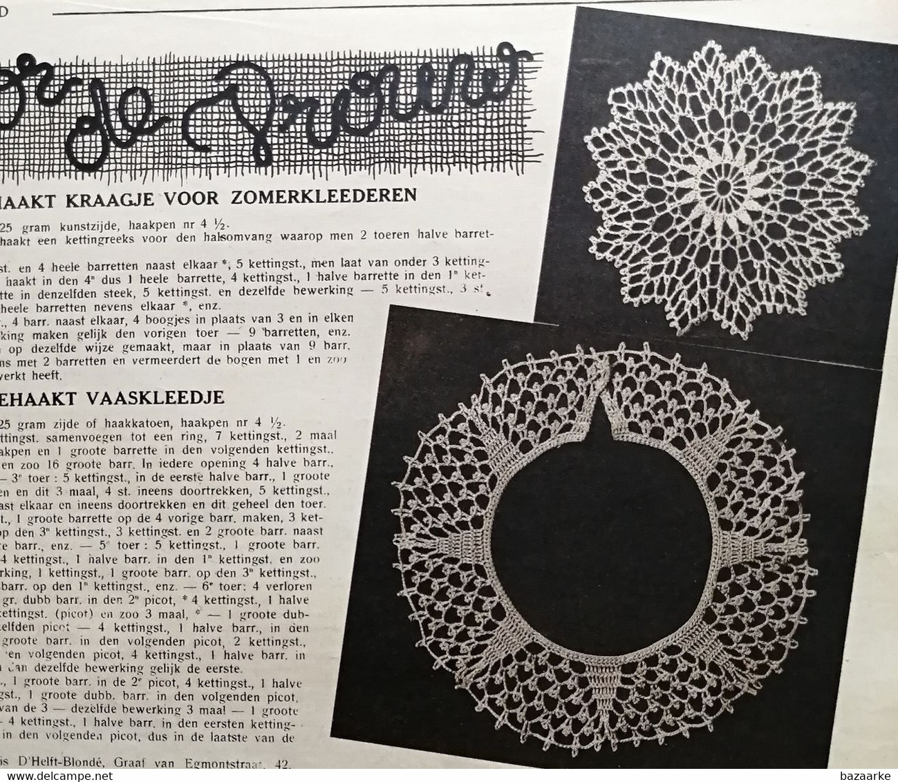 HAKEN.. GEHAAKT KRAAGJE VOOR ZOMERKLEDEREN / GEHAAKT VAASKLEEDJE  ..1935.. - Schnittmuster