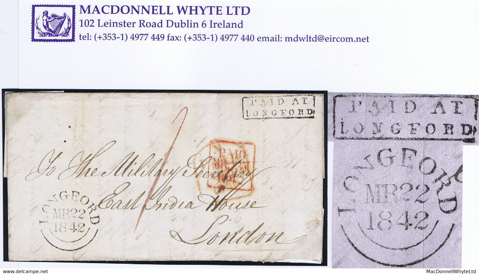 Ireland Longford Military 1842 Letter Mohill To The EIC In London With Framed PAID AT/LONGFORD And LONGFORD MR 22 1842 - Prefilatelia