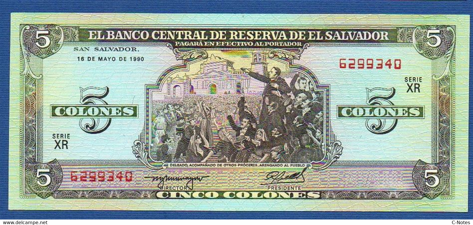 EL SALVADOR  - P.138a – 5 Colones 16.05.1990 UNC, Series XR 6299340 - El Salvador