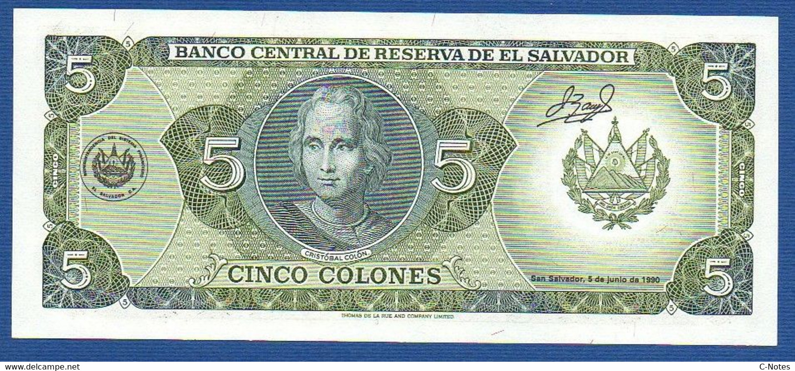 EL SALVADOR  - P.138a – 5 Colones 16.05.1990 UNC, Series XR 6299340 - Salvador