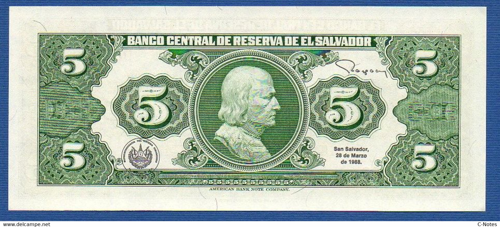 EL SALVADOR  - P.134b – 5 Colones 17.03.1988 UNC, Series VS 0629603 - El Salvador