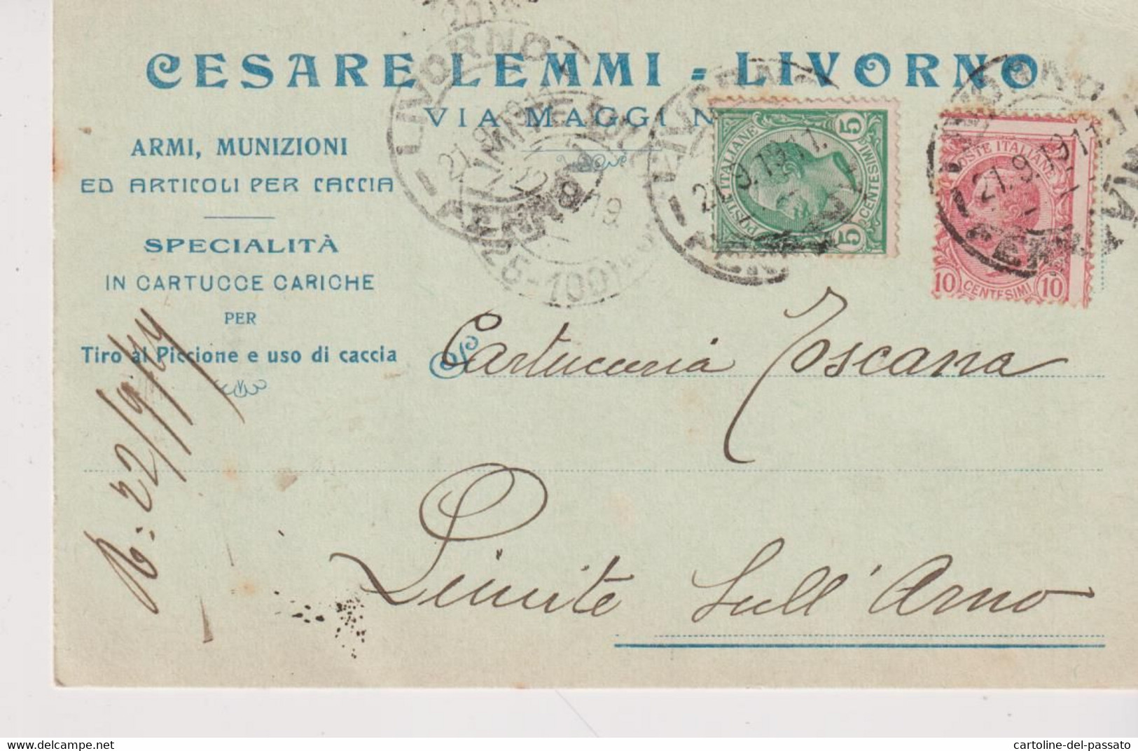 LIVORNO STORIA POSTALE 1919  TESTATINA PER PUBBLICITA' ARMI MUNIZIONI CACCIA PER LIMITE SULL'ARNO - Livorno