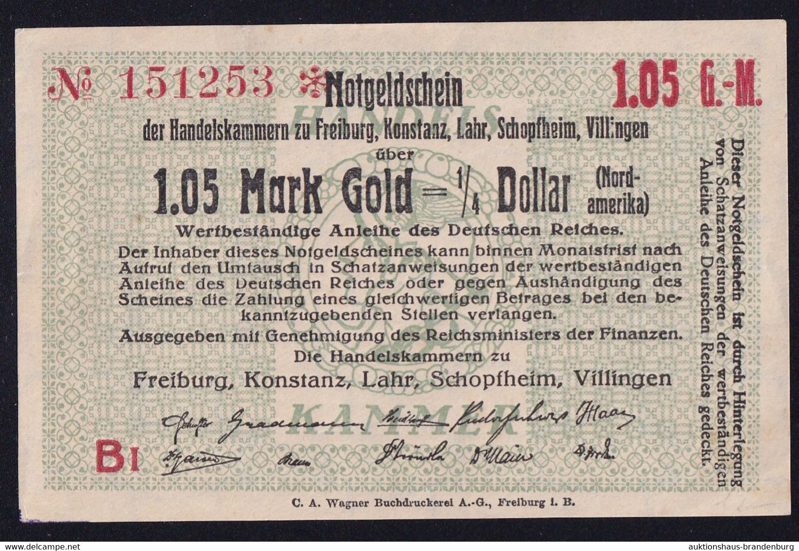 Freiburg Konstanz Lahr Etc: 1,05 Mark Gold = 1/4 Dollar O.D. - Handelskammer - Unclassified