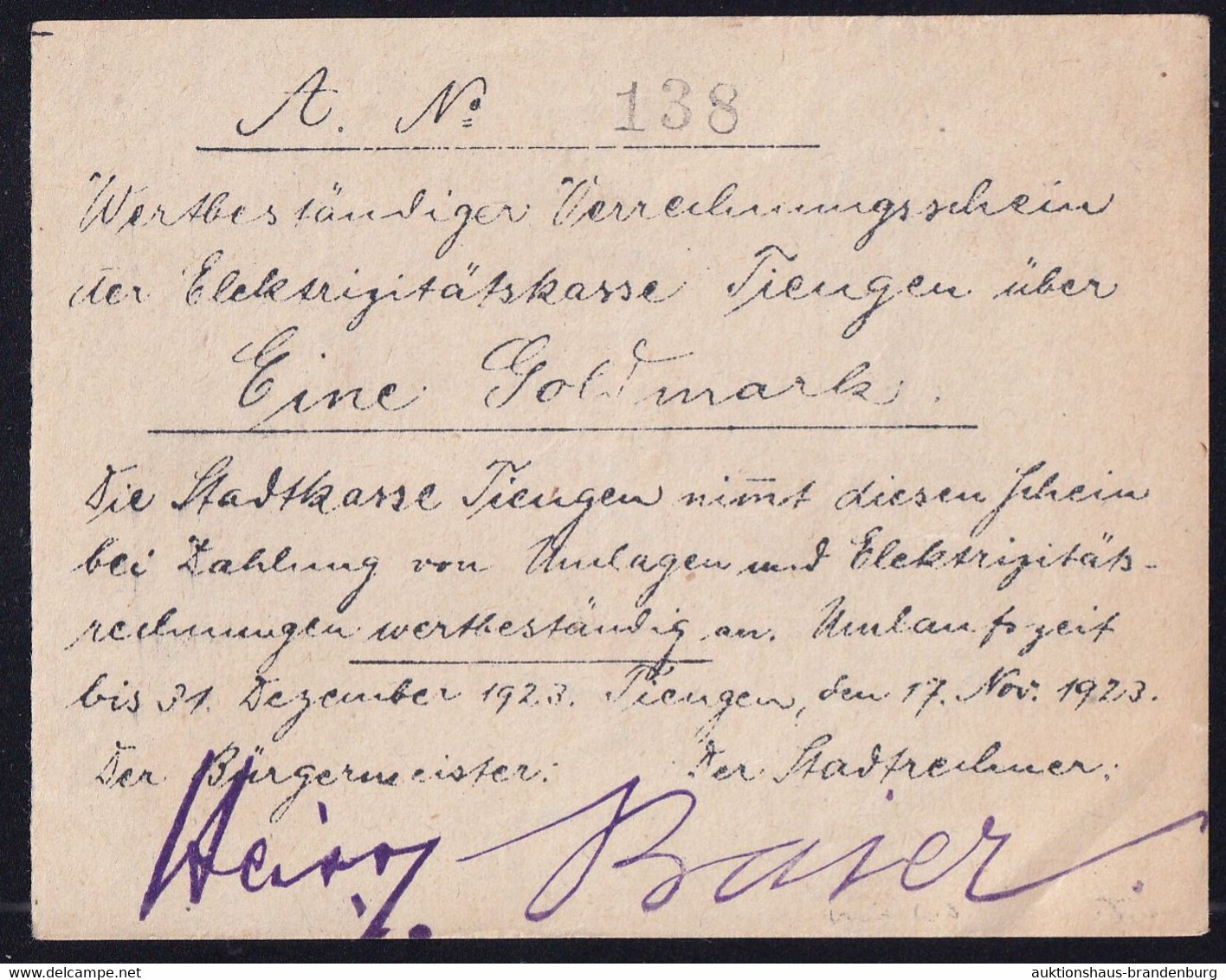 Tiengen: 1 Goldmark 17.11.1923 - Mit Wz * AG EM NORMAL * - Elektrizitätskasse - Ohne Zuordnung