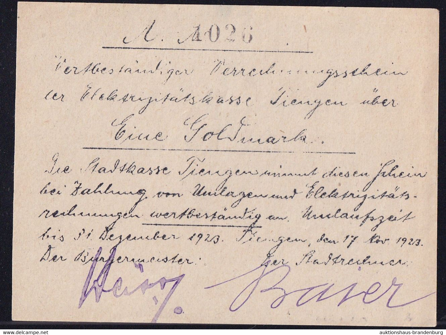 Tiengen: 1 Goldmark 17.11.1923 - Ohne Wz - Elektrizitätskasse - Zonder Classificatie